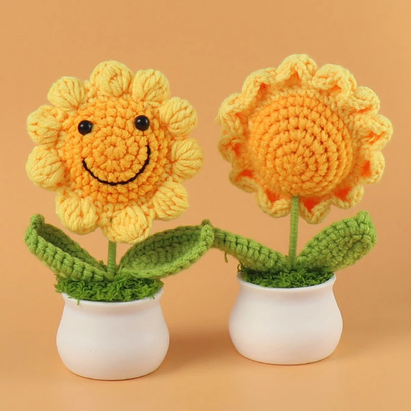 1PCS Kreative Künstliche Blumen Nette Häkeln Sonnenblume Töpfe Gestrickte Blume Handgemachte Geschenk Hause Hochzeit Gast Geschenke Desktop Decor – Detail 3