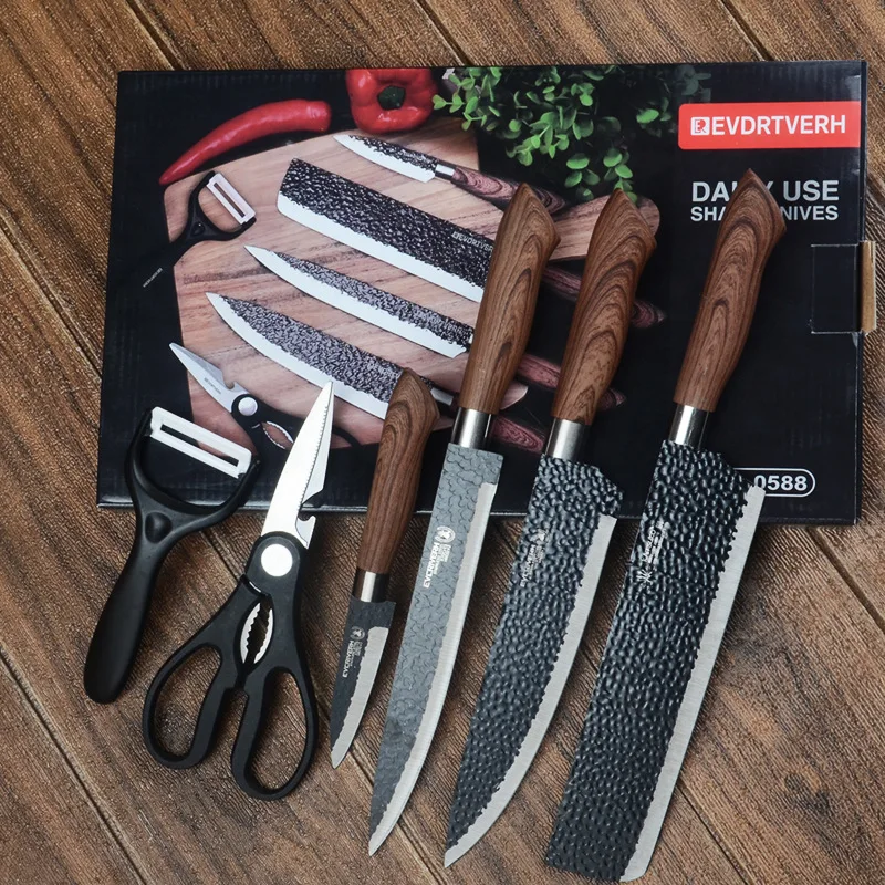 

Forged Hammer Pattern Kitchen Knives Set 6pcs Stainless Steel Meat Cleaver Sharp Fruit Knife Kitchen Vegetable Scissors