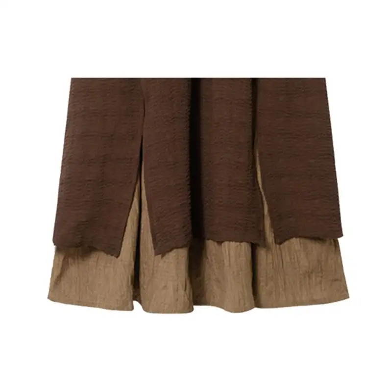 Deeptown Vintage Ruffle Skirt Women Elegant Brown Pleated Long Skirts Autumn Winter Retro Aesthetics Casual Patchwork Midi Skirt