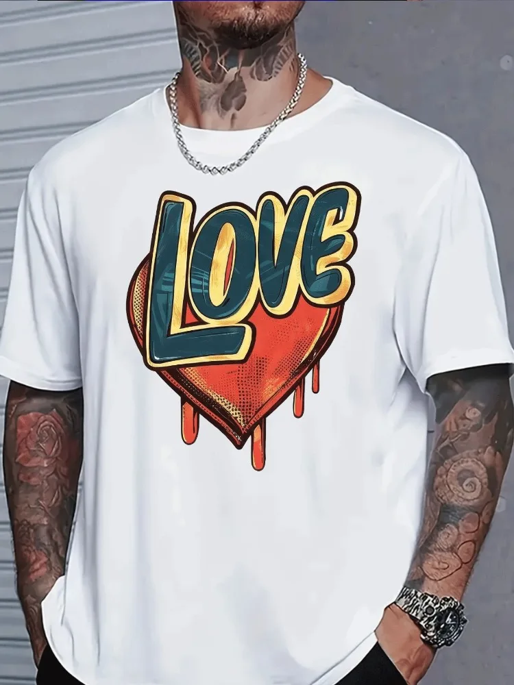 Pure White Male Short Sleeve Tshirt Vintage Drip Heart Love Letter Print Light Cotton Loose Fit Youth Daily Street Casual Top