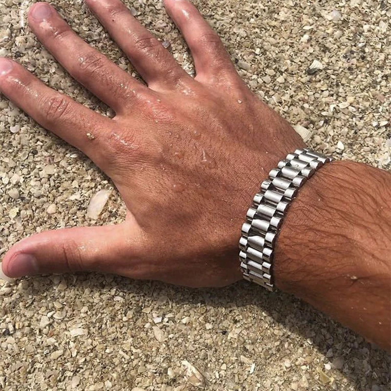 10/15mm Punk 18K Gold Color Strap Watch Chain Bracelet Ring Men Women Hiphop Stainless Steel Bike Watchband Necklace Jewelry