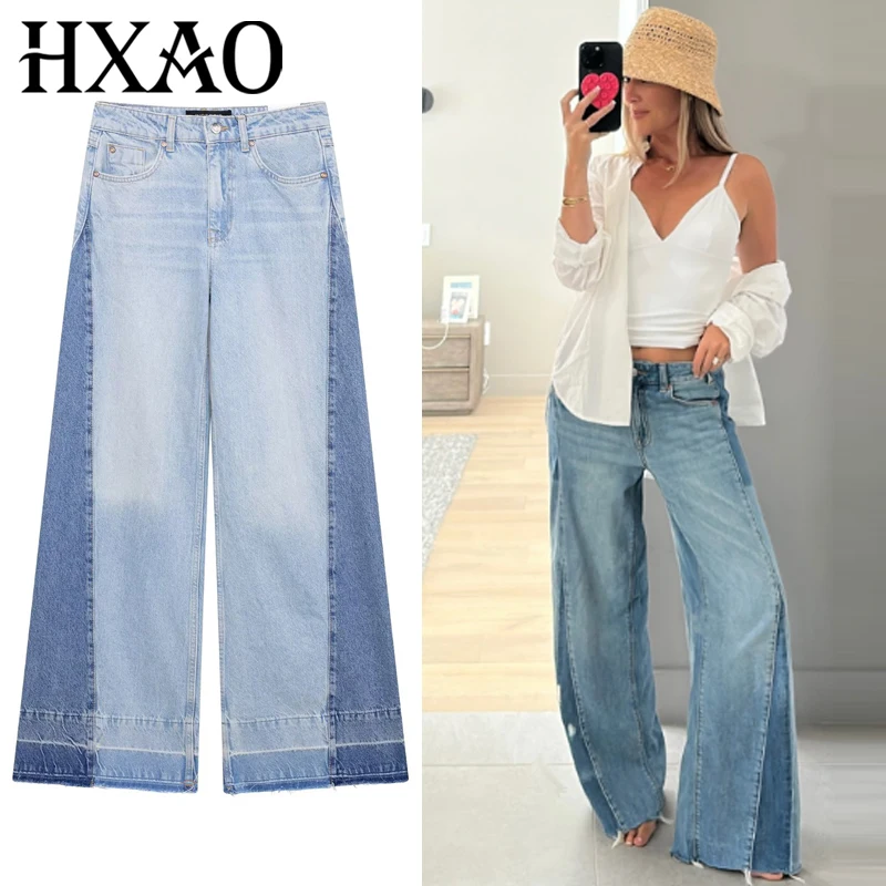 HXAO Luźne Jeansy Damskie Spodnie Jesień 2025 Oversize'owe Szerokie Jeansy Plus Size z Wysokim Stanem, Łączone Spodnie, Spodnie Streetwear