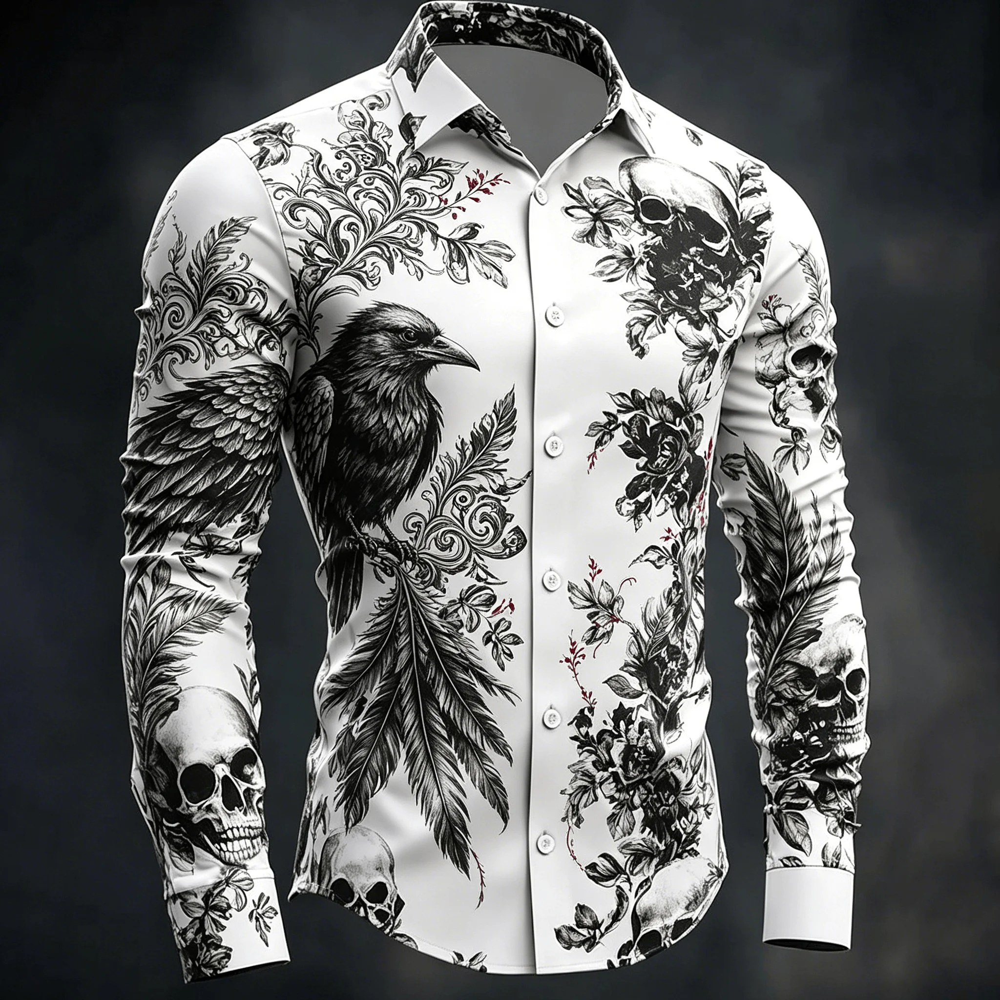 Herren Gothic Raven Skull Langarmhemd, Schwarz-Weiß-Print mit floralen Federwirbeln, lässiges Button-Down-Hemd für Frühling & Sommer