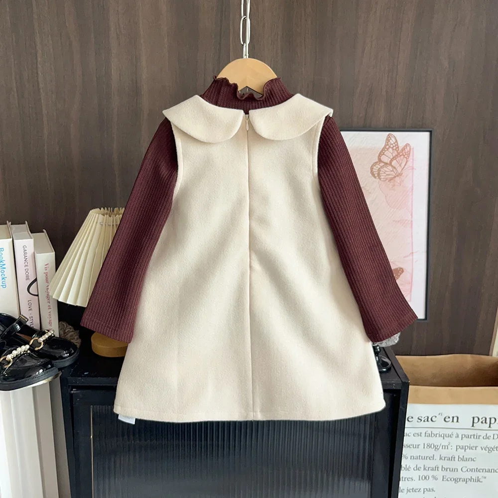 Bear Leader Korean Autumn Sets for children Solid Color Girls' Clothing Button Bow Decoration Vest Dress+Coffee Long Sleeved Top