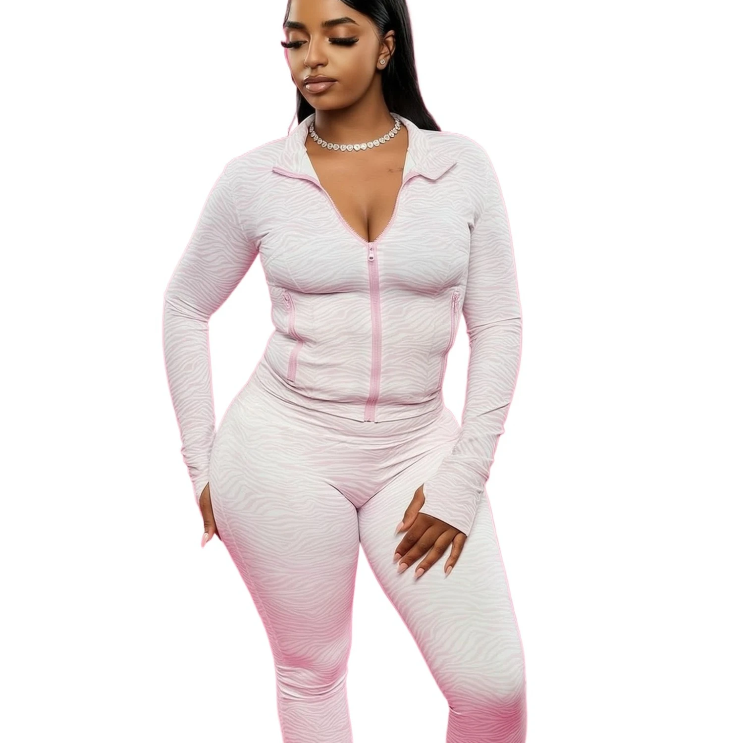Custom LOGO women's new stand-up collar jacquard high elastic fashion casual slim-fit long-sleeved trousers set two-piece set