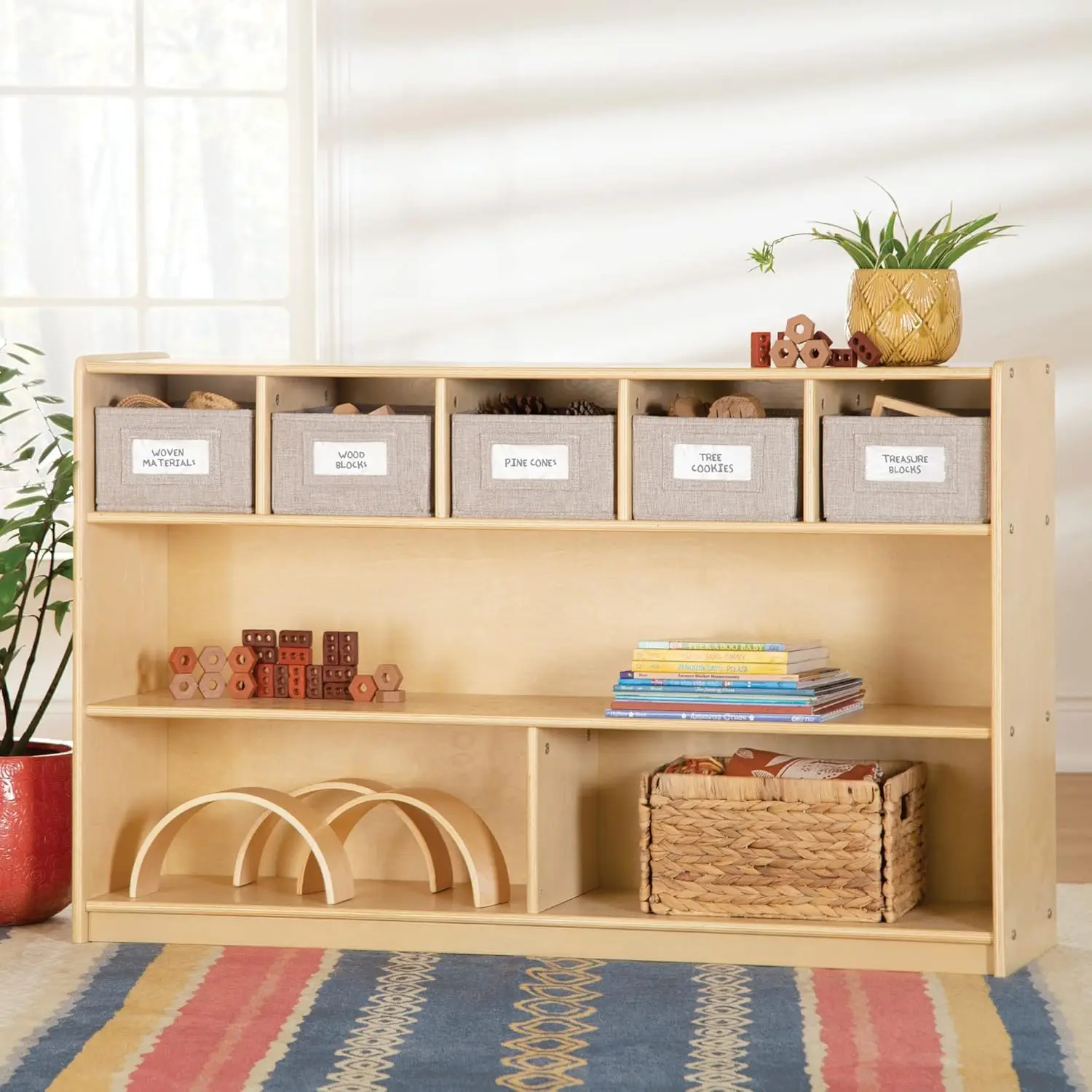 Shelves and 5 Bin Storage Unit- Natural: Wooden Organizer Cabinet for School and Home, Teacher's Book Cubby and Toy Shelf