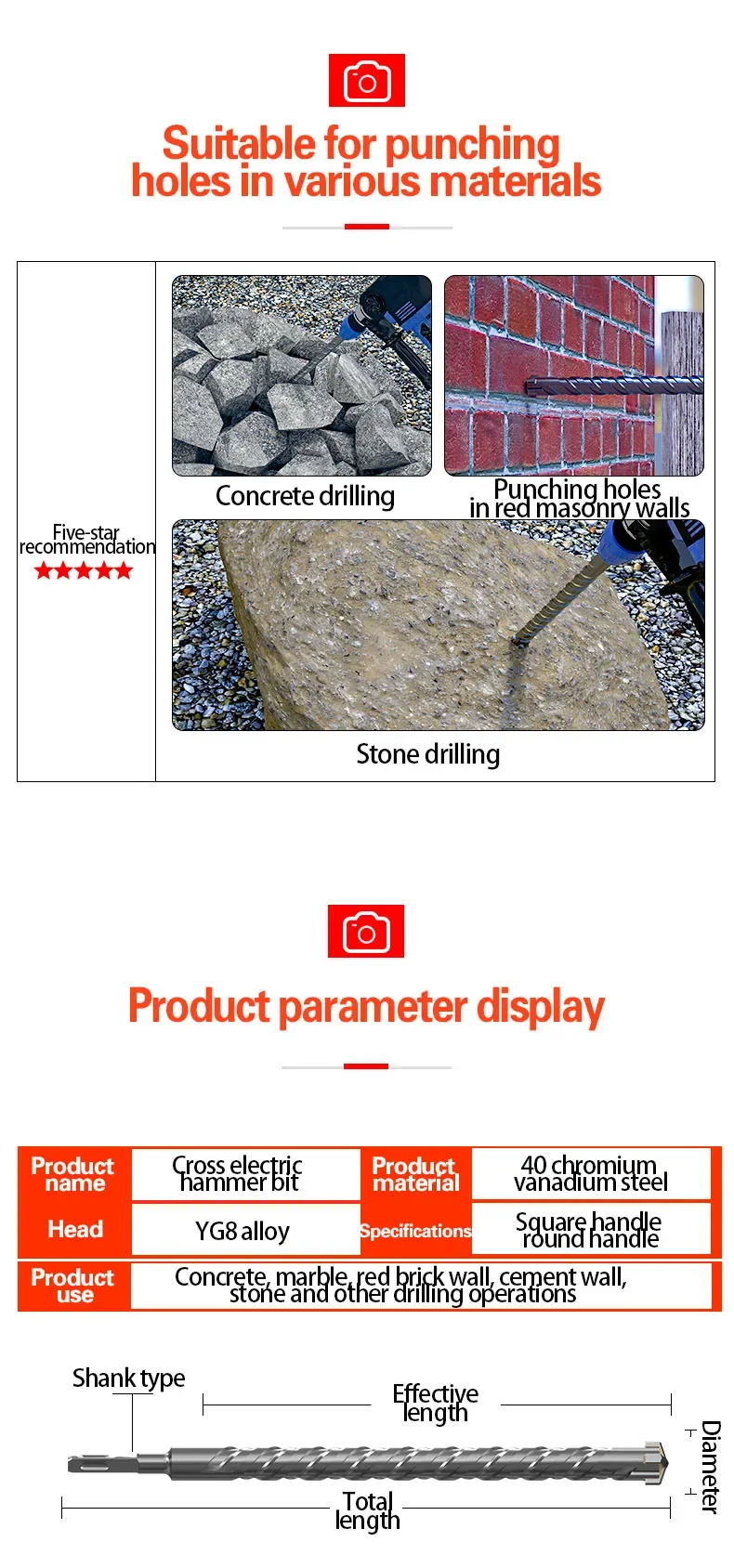 Foret à béton SDS Plus, pointes croisées, 4 couteaux, bloc de brique mural de 150mm, marteau électrique, forets de maçonnerie