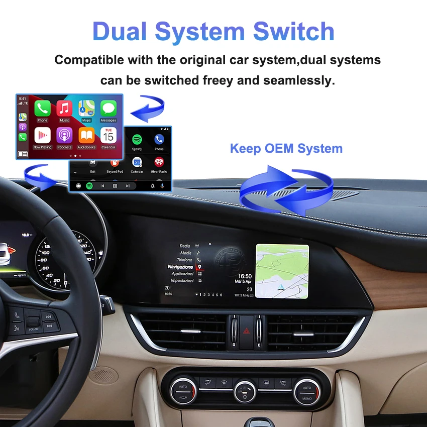 Carplay Android Auto اللاسلكي لسيارة ألفا روميو جوليا ستيلفيو 2015-2019 مع نظام تحديد المواقع والملاحة راديو السيارة مشغل وسائط متعددة قائمة OEM
