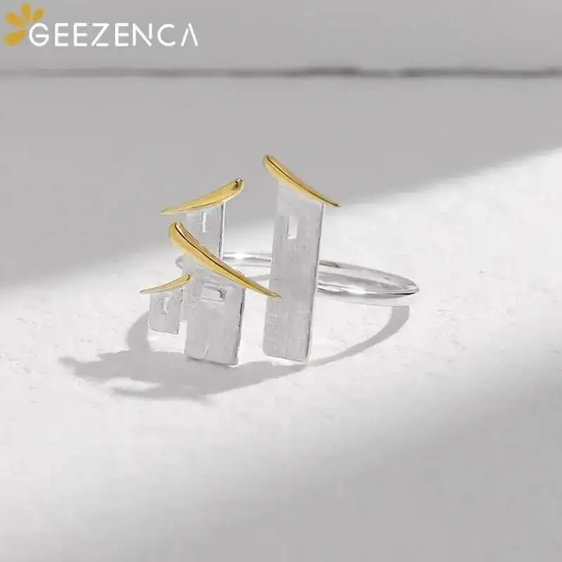 GEEZENCA 925 Sterling Silver Chinese Architecture Resizable Ring For Women Original Design Unique Artistic Rings 2023 New Gift