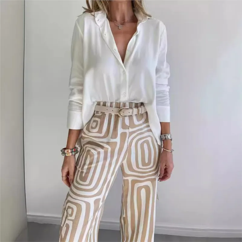 Leisure Women\'s Geometry Printed Set 2024 Spring Autumn New Temperament Shirt & Loose Pants 2 Piece Set Commute Office Lady Set