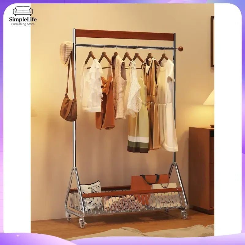 Luxury Solid Wood Clothing Rack with Wheels Multi Functional Removable Coat Hanger Stand Mobile Garment Storage Organizer for