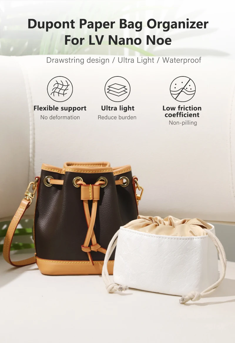 CRAZYSMITH Bag Organizer For LV Nano Noe Handbag Dupont Paper Inner Bag Insert Storage Bags Drawstring Liner Bag Support Shaper
