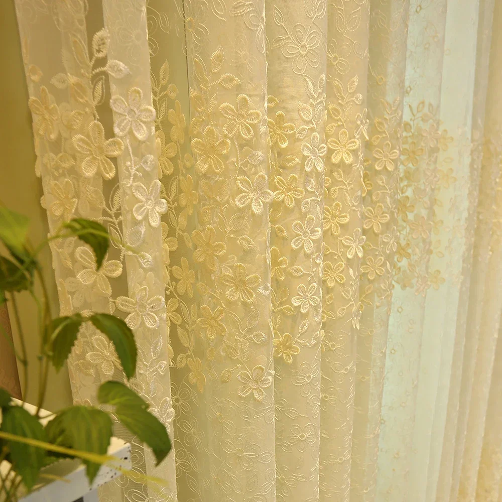 Korean Pastoral European Embossed Tulle Shading Floor Curtains for Living Dining Room Bedroom Windows Door Kitchen Embroidered
