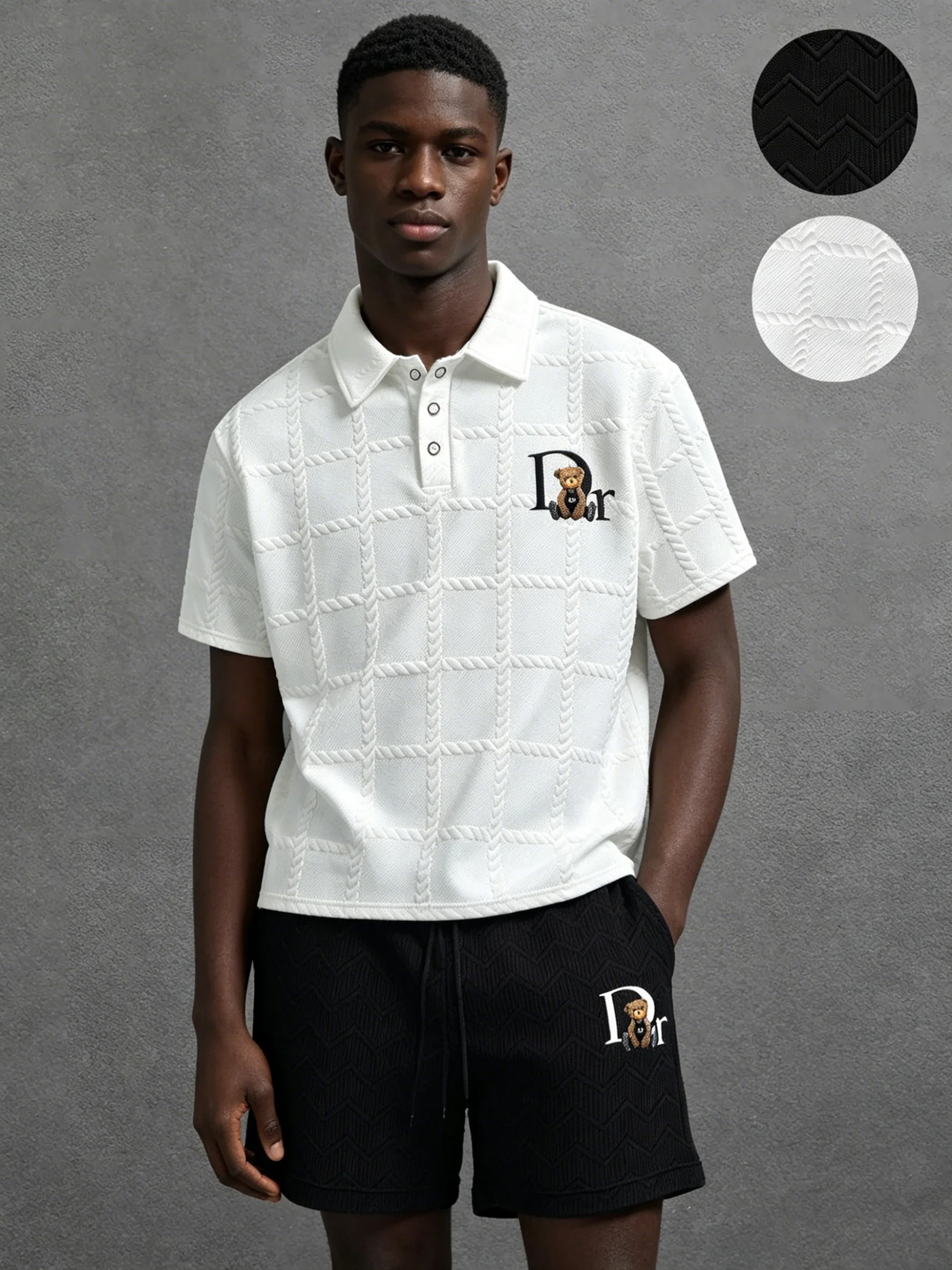 

2026 Summer Casual Matching Set, Textured Knit Polo Shirt & Shorts for Men