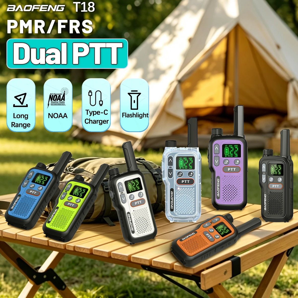 2PCS New Color Baofeng BF‑T18 Mini Walkie Talkie Dual PTT PMR/FRS Two‑Way Radio Type‑C Charger Long Range For Camping Travel