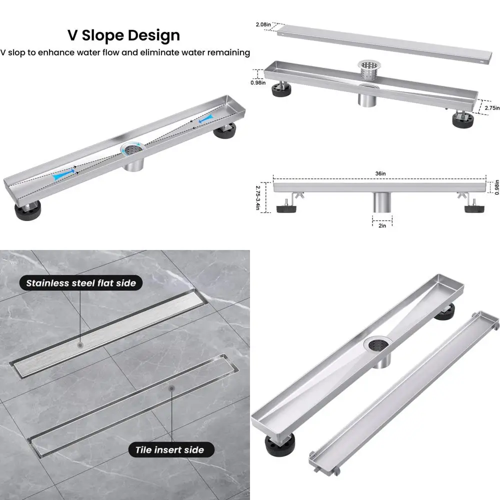 

36 Rectangle Shower Drain with Tile Insert, Brushed Stainless Steel Cover, Hair Catcher & Adjustable Feet