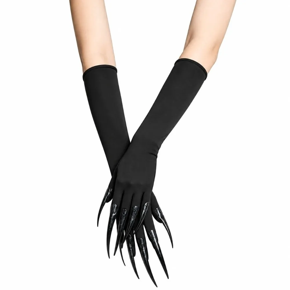 Black Color Long Nails Gloves Stretch Elastic Detachable Claw Nails Witch Gloves Finger Nails Design Polyester Material