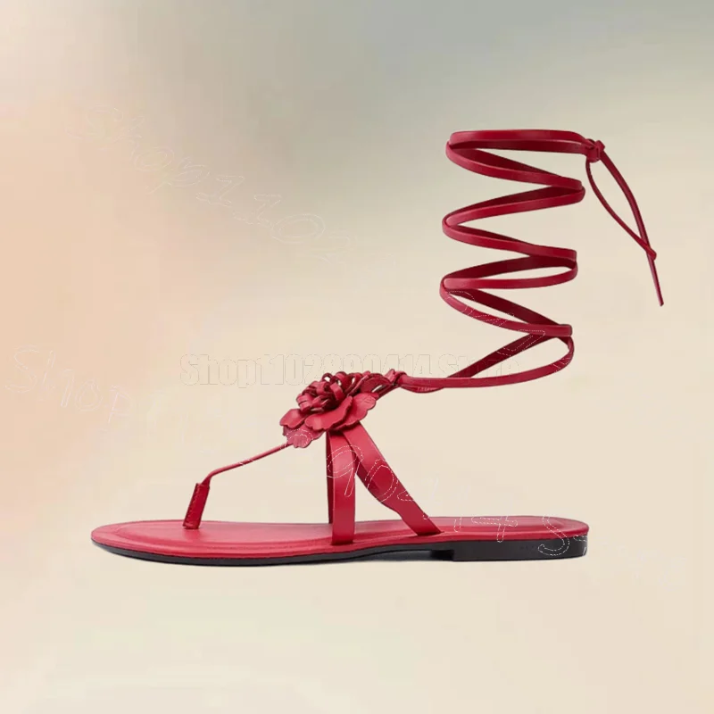 

Red Knitted Flower Design Open Toe Twine Sandals Lace Up Women Shoes Low Top Fashion Party Feast Dating 2025 Zapatos Para Mujere