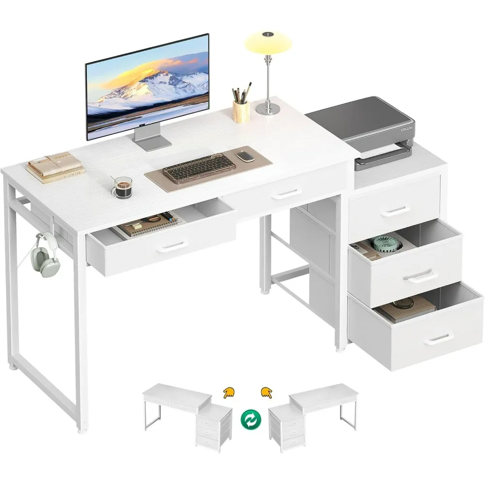 53 Inch White Computer Desk 5 Drawers Kids Study Desk Vanity Table for Girls Dressing Room Bedroom Home Office ODK