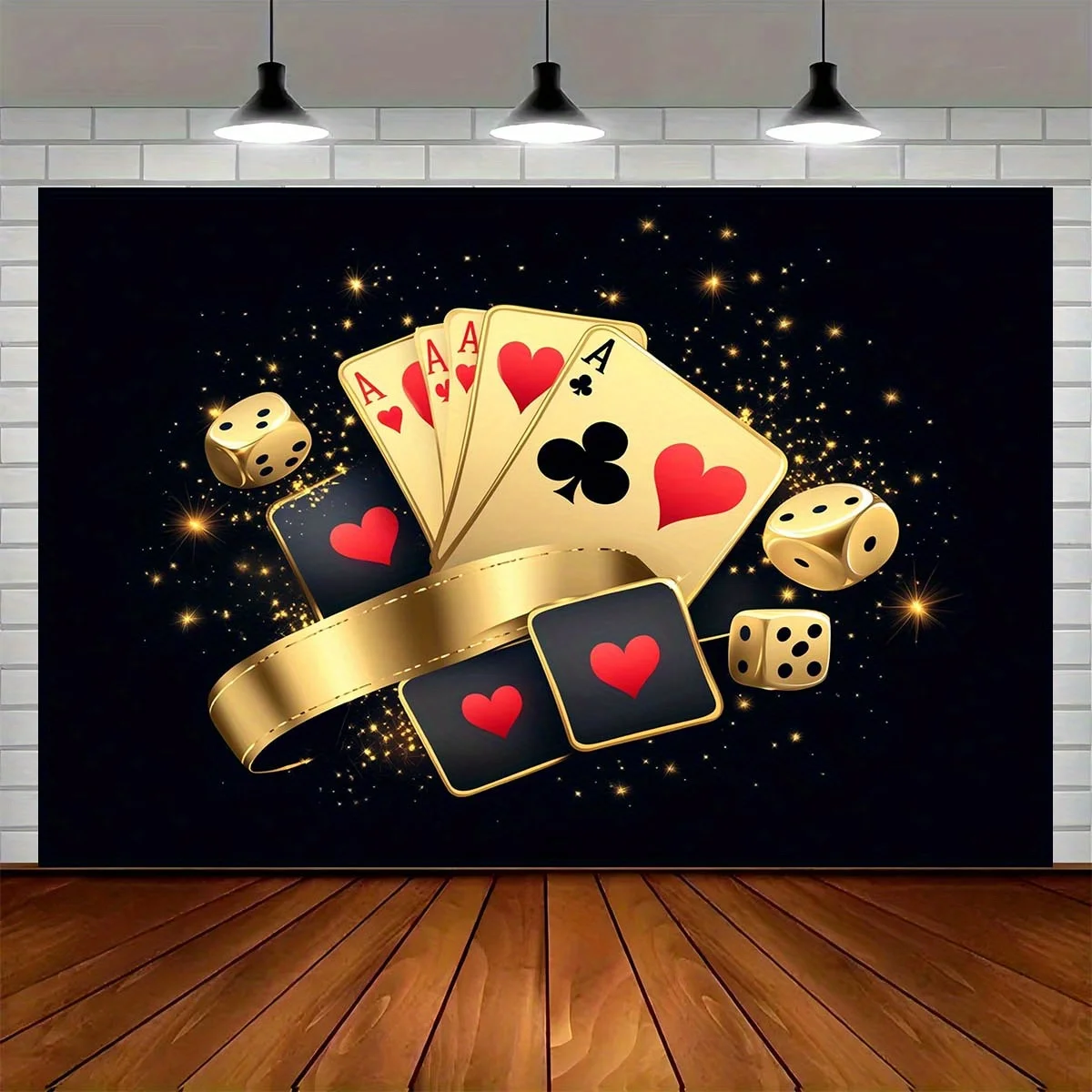 Golden Poker Cards Aces Dice Casino Gambling Theme 2D Flat Tapestry Backdrop For Man Cave Decor Luxury Wall Hanging Art Print