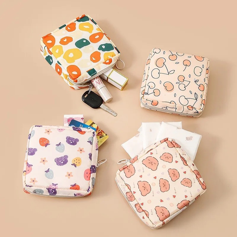 2pcs Cute Style Makeup Bag Zipper Pouch Lipstick Bag Strawberry Pattern Sanitary Napkin Storage Bag Portable Travel Toiletry Bag