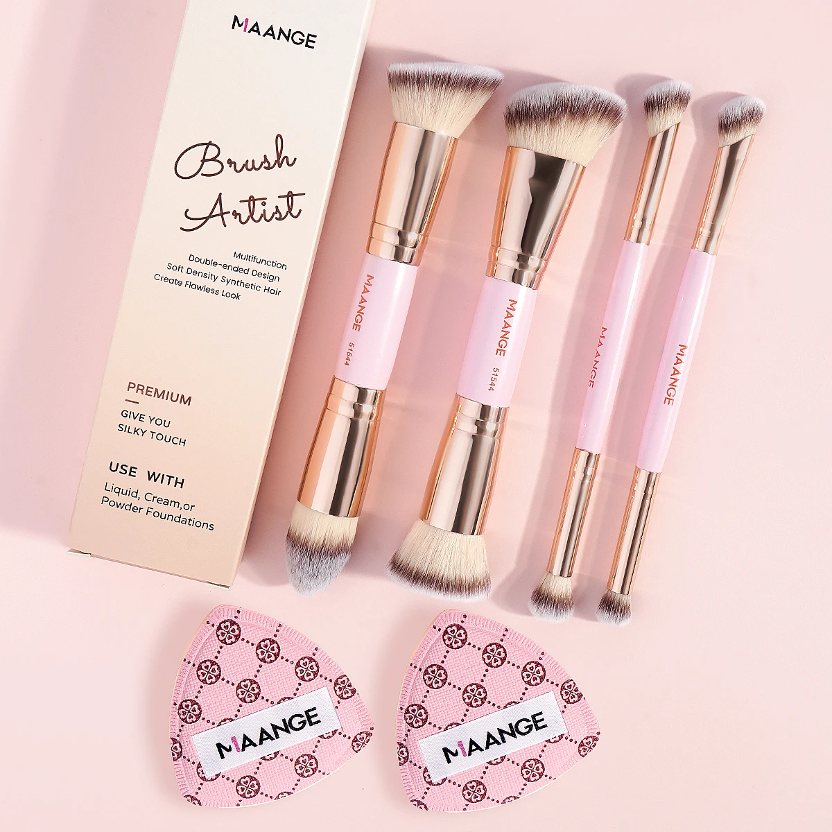 MAANGE 6pcs Makeup Tool Kit 4pcs Double Head Foundation Concealers Blush Eyeshadow Brushes with 2pcs Air Cushion Puffs Gift