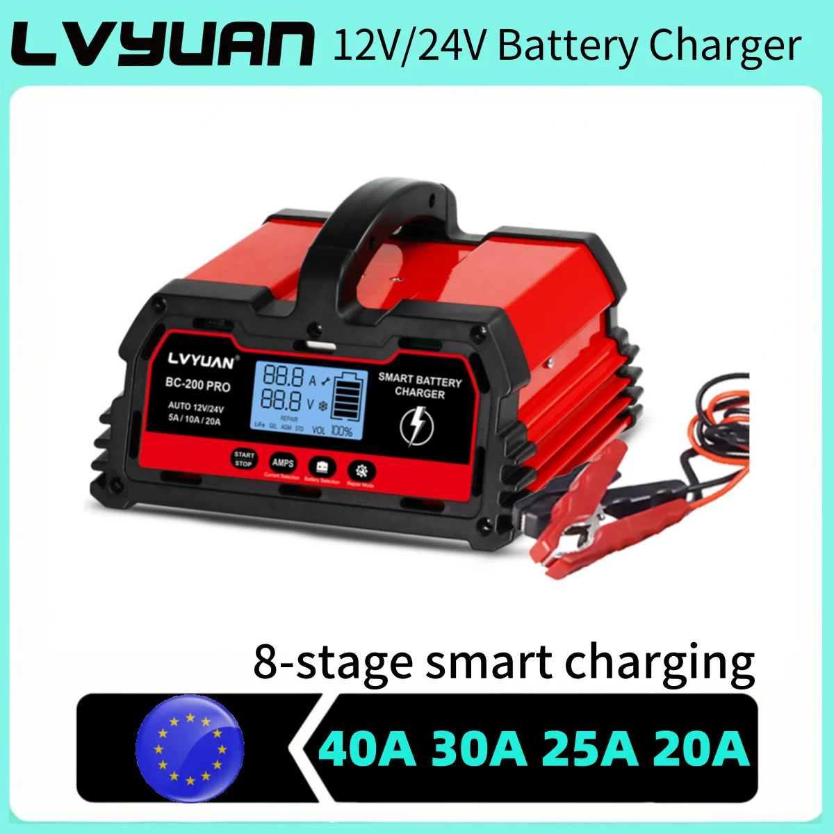 LVYUAN 20A 25A 30A 40A Batterieladegerät für 12V 24V Blei-Säure-Batterie/LiFePO4/AGM/STD/Gel/EFB mit Pulsreparaturfunktion