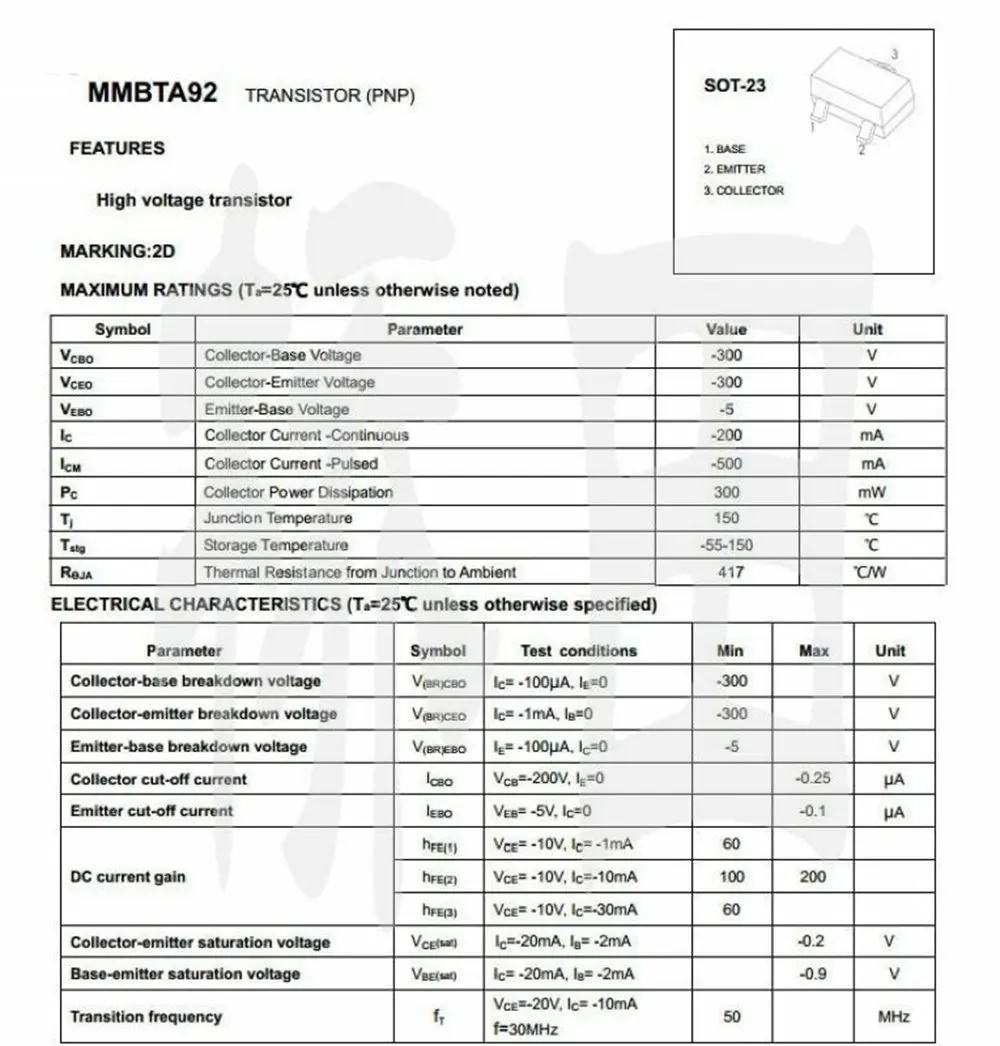 50PCS MMBTA92 2D 0.2A 300V PNP SOT-23 SMD Chip Transistor