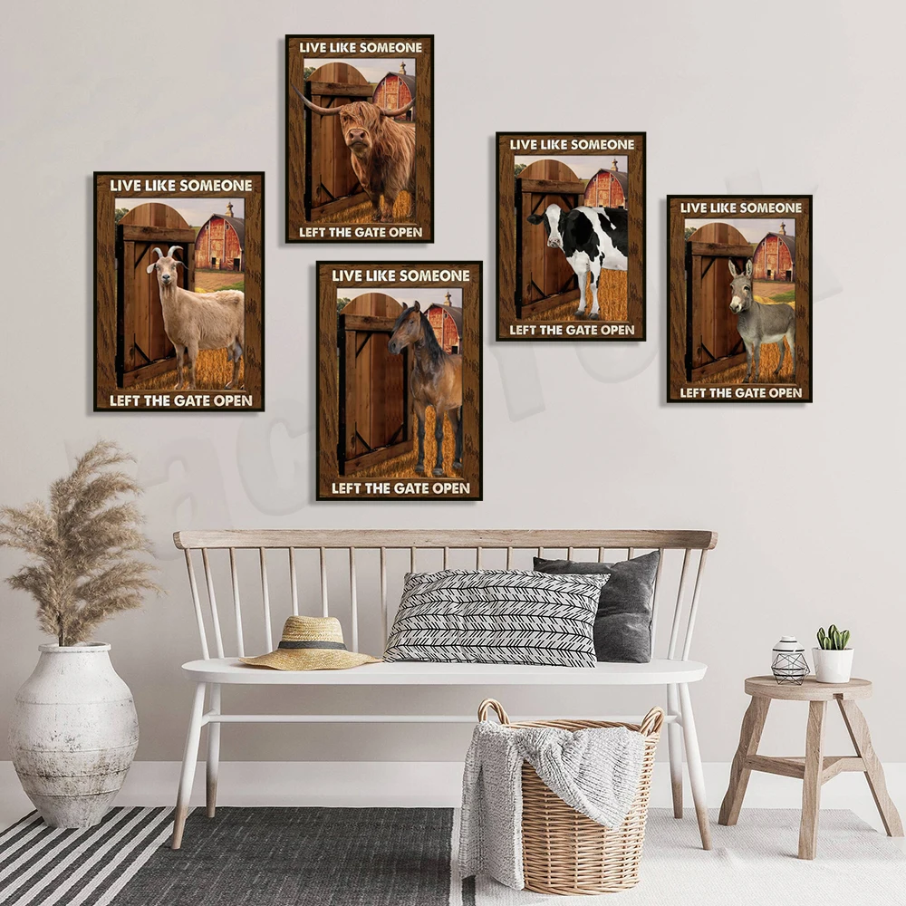 Horse, Donkey, Goat, Highland Cattle, Cow Animal Poster, Motivational Quote, Live Like Someone Opened The Door - Farm Country