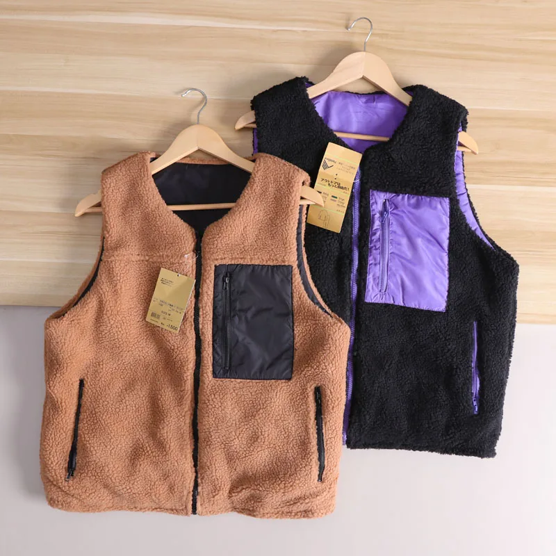Unisex Double-Sided Wearable Couple Style Fashionable Urban Thickened Winter V-Neck Fleece Vest Warm Coat for Youth Daily Use