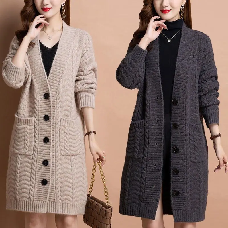 Women's Sweater Autumn and Winter Long Mink-like Cardigan Loose Thick Mid-Length Idle Style Knitted Coat E1880