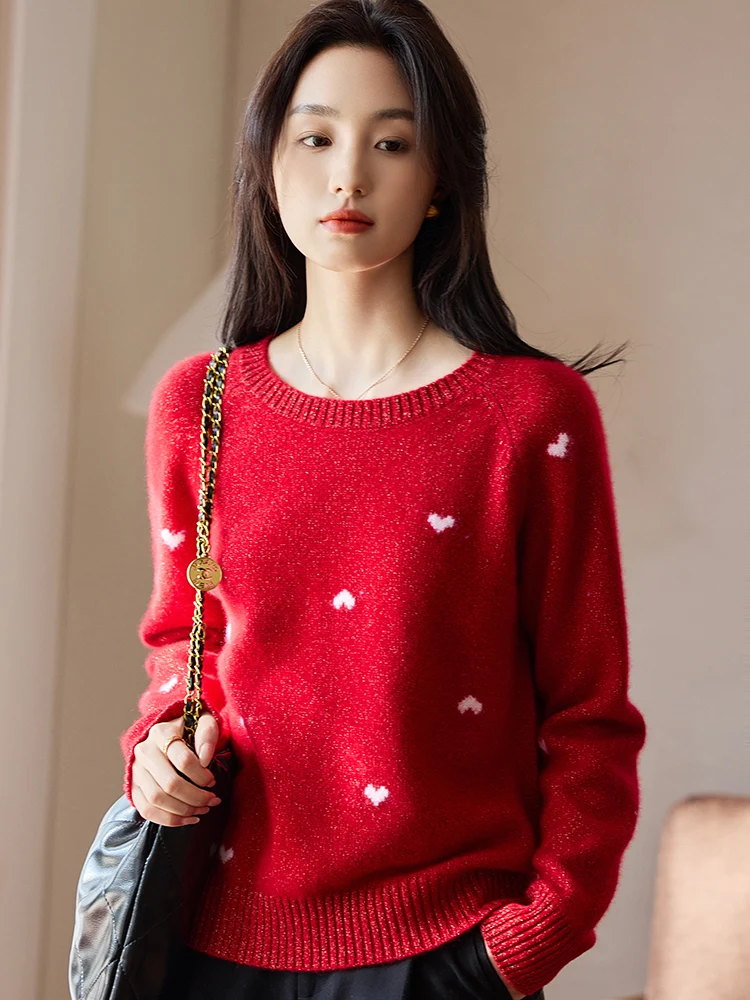 

Autumn/Winter New 100% Merino Wool Sweater Love Heart Jacquard Knit O-Neck Long Sleeve Pullover Fashion Casual Tops Lady Clothes