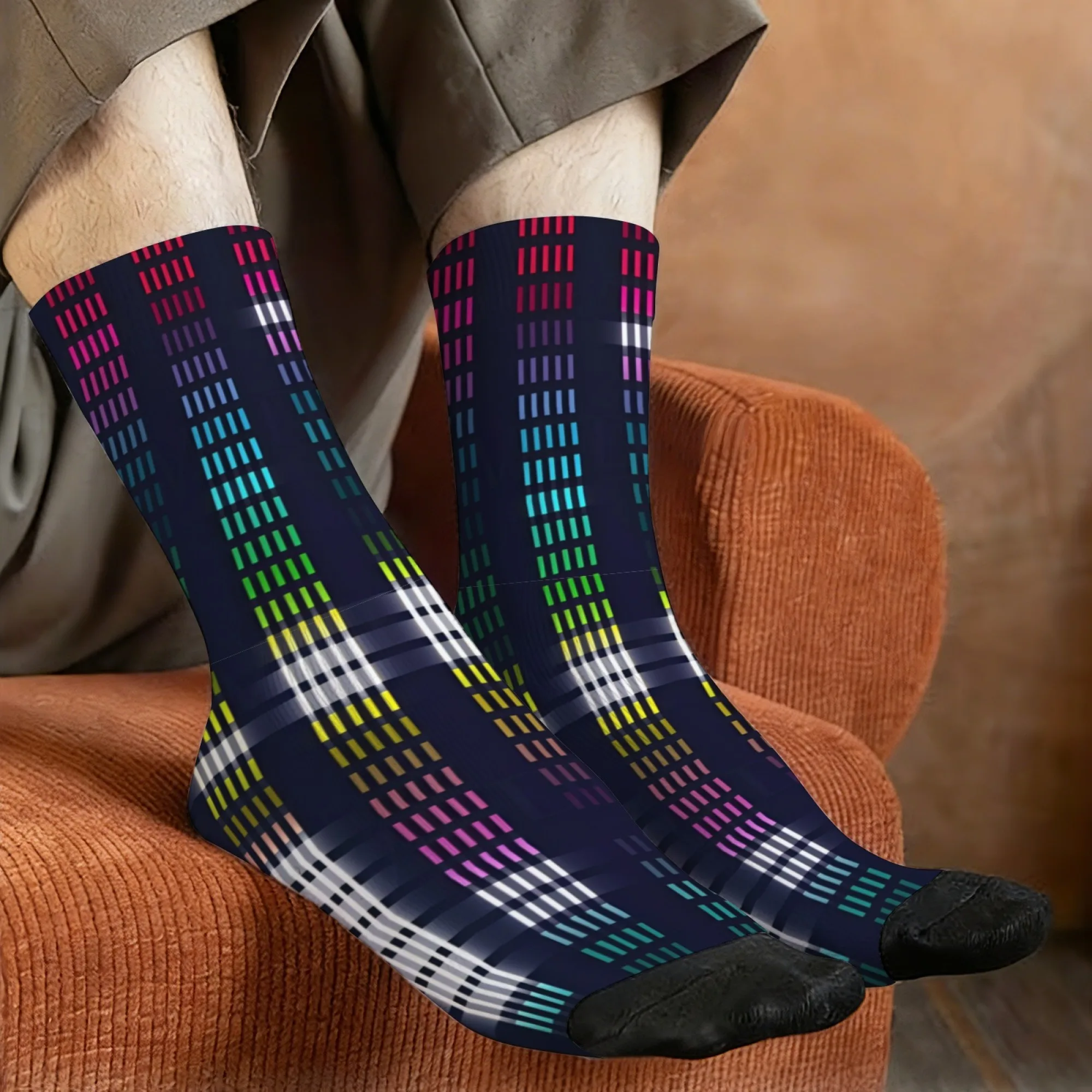 Neon Striped Socks Comfortable Stretchy Lightweight Men's Socks Sports Casual Hiking Retro Style Street Hip-hop Trend Crew Socks