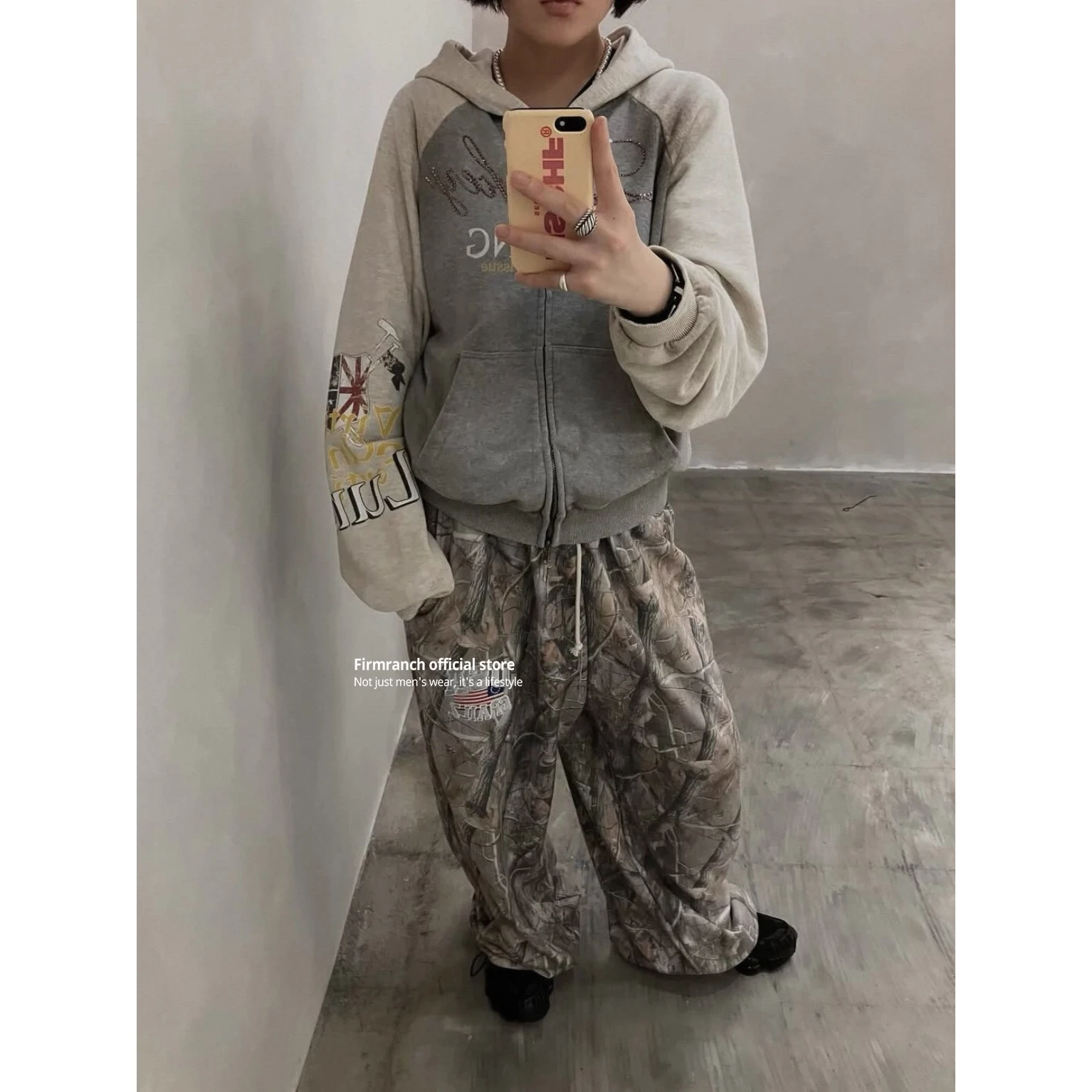 Firmranch Korean Fashion American Vintage Spliced, Acid Mud Wash, Rhinestone Slogan Print Zip-Up Hoodie For Men Women Sweatshirt