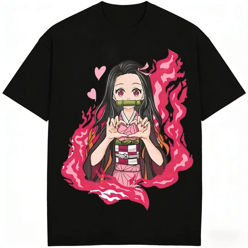 Demon Slayer Nezuko Kamado Pure Cotton T-shirt 2026 Kids Summer New Anime Printed Loose Casual Parent Child Short Sleeve Top