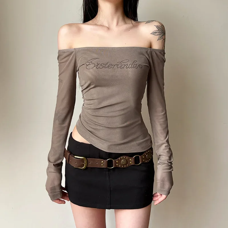 IMU Off-Shoulder Long Sleeve T-Shirt Women's Binding Slims Smooths Your Silhouette Modal Cotton Letter Embroidery Fashion Top