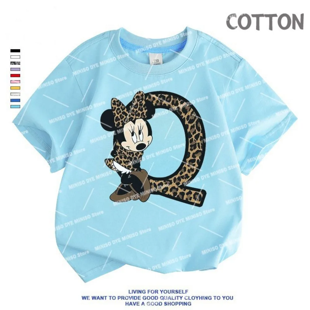 T-shirt à Manches Courtes pour Enfant Garçon et Fille, Vêtement Décontracté, Motif Dessin Animé Disney Minnie, Lettre ABCD