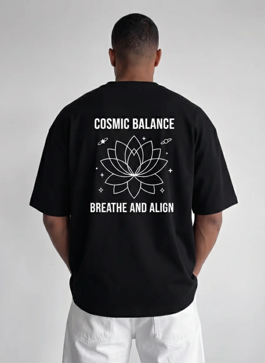 

Cosmic Balance Breathe and Align Lotus Back Graphic Tee Printed Tee Black Spiritual Lotus White Line Art Celestial Stars