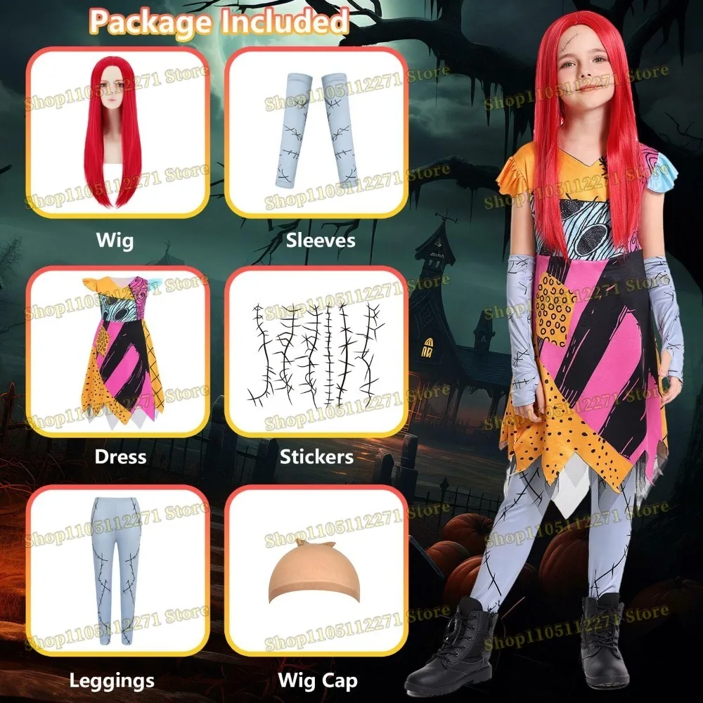 Strój Cosplay dla Dziewczynek Krzyżowy Sen na Boże Narodzenie, Kostium Księżniczki dla Dzieci i Niemowląt na Halloween z Czerwoną Peruką, Naklejkami Tatuażami