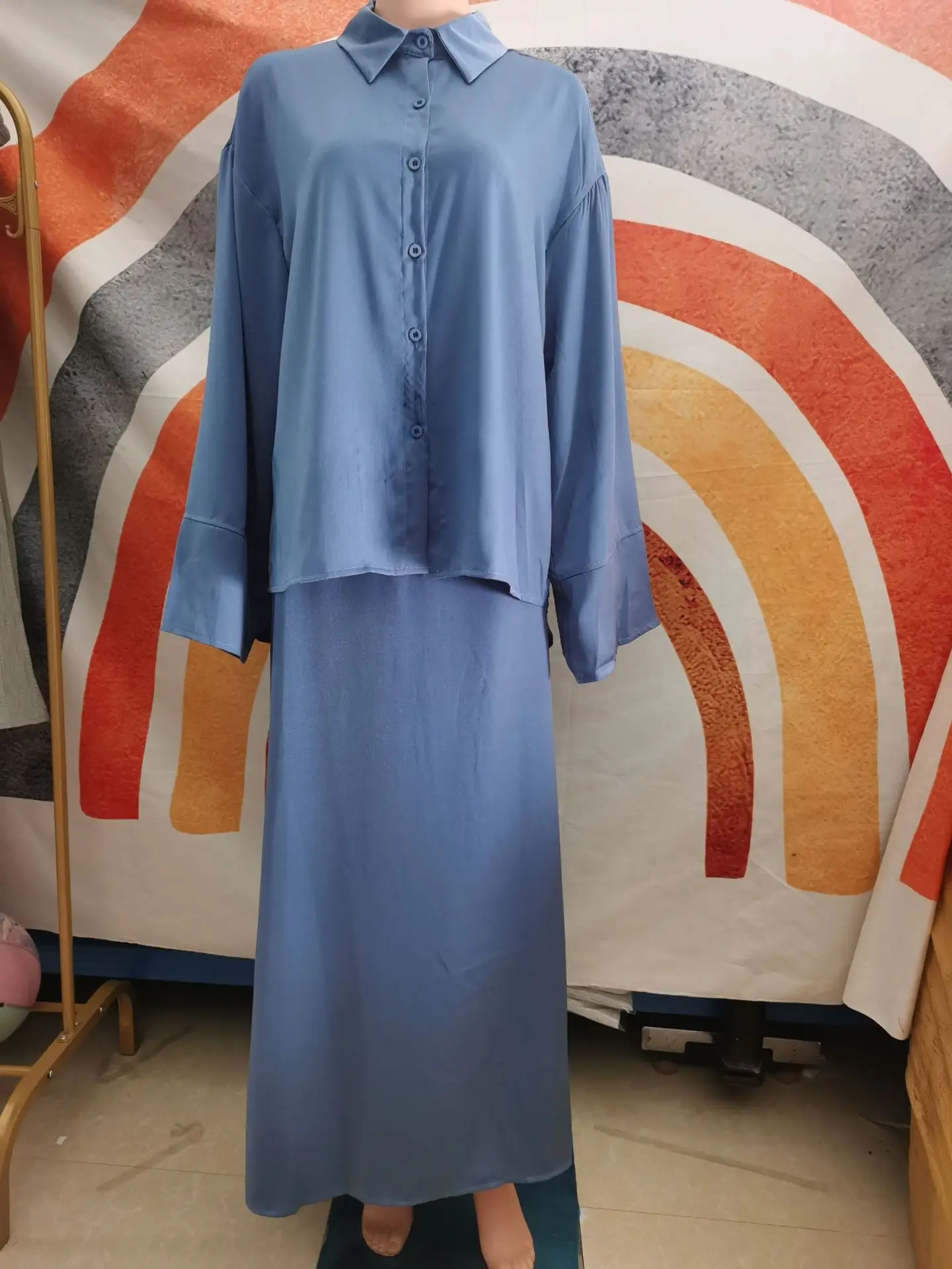 Set 2 potong untuk wanita kancing atas kemeja & rok Ramadan wanita Kimono jubah Kaftan 2024 setelan tumpuk Musulman