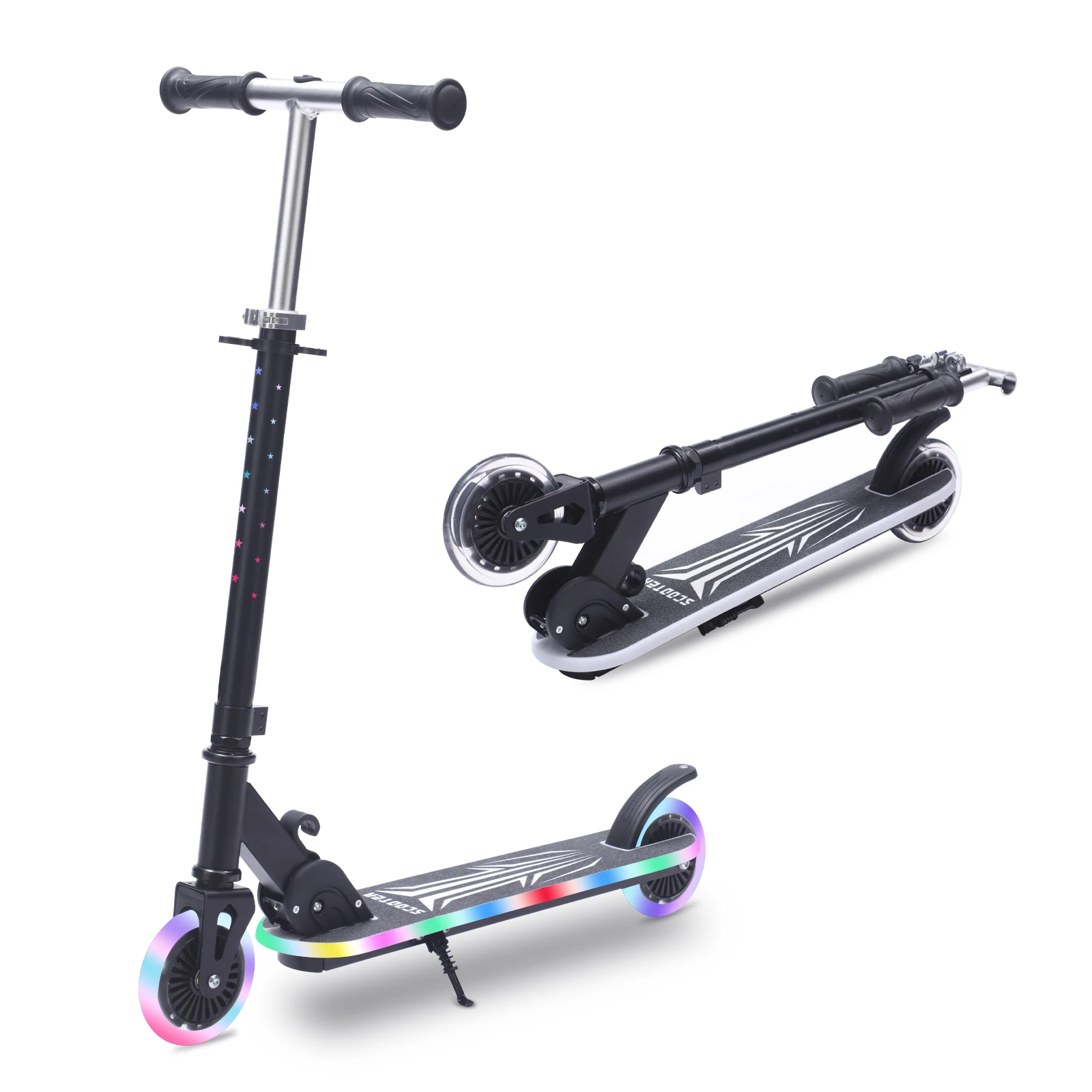 Patinete para Niños con Plegado con un Clic, Manillar Ajustable en 4 Niveles de 75-90 cm, Freno Trasero, Ruedas y Pedales con Luces de Colores, Neumáticos de 4.34 Pulgadas