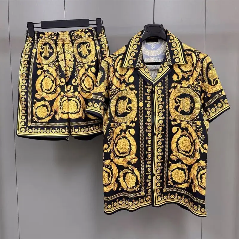 Men's classic trendy brand fashion casual suit trendy brand short-sleeved shirt shorts two-piece set summer thin shirt