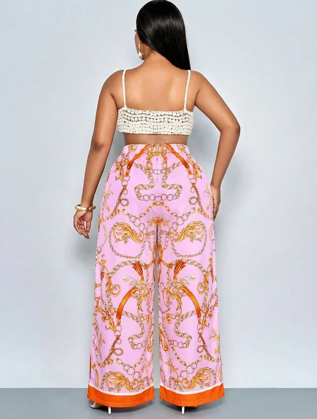 European and American style plus size pink metal chain print wide-leg pants; elastic high waist orange trim drape vacation style