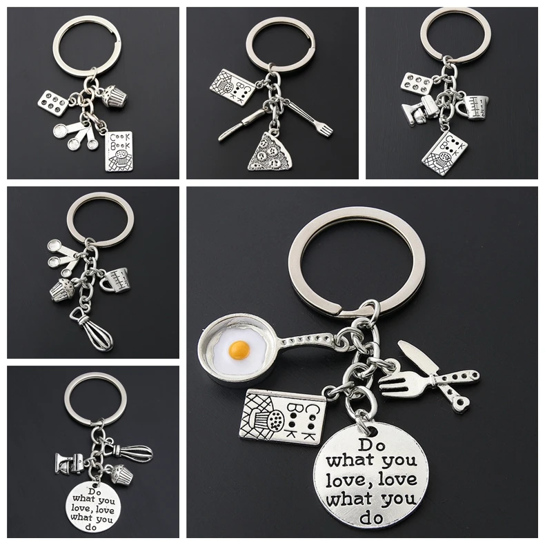 Cake Charms Measuring Spoons Egg With Pan Keychain Cook Book Keyring For Cooks Chefs Baker Gift Baking Jewelry