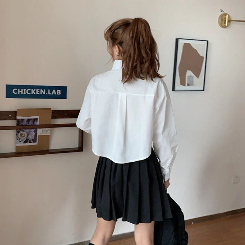 MEXZT Fashion Korean Pocket Cropped Blouse Women Casual Preppy Style Long Sleeve Short Shirt Fall Solid White All-match Y2k Tops