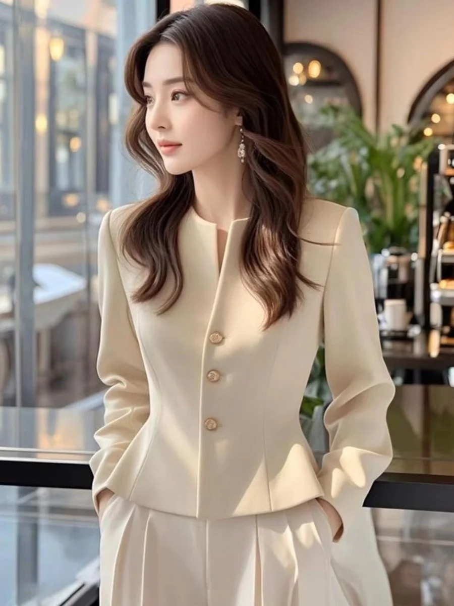 Elegant Spring Autumn Waist-Cinching Shirt Outerwear Luxury Beige French Style Slim Fit Long Sleeve round Neck Single Button
