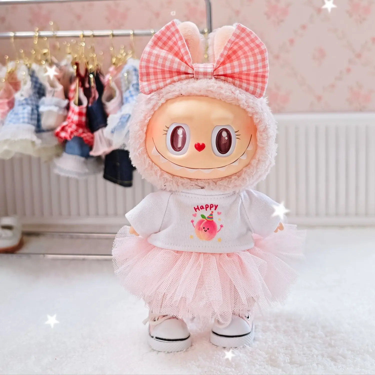 Clothes For Labubu Dress Outfit Set With Checkered Bows Tops With Avocado Peach Prints Tulle Skirts For 15/17cm Labubu V1V2V3