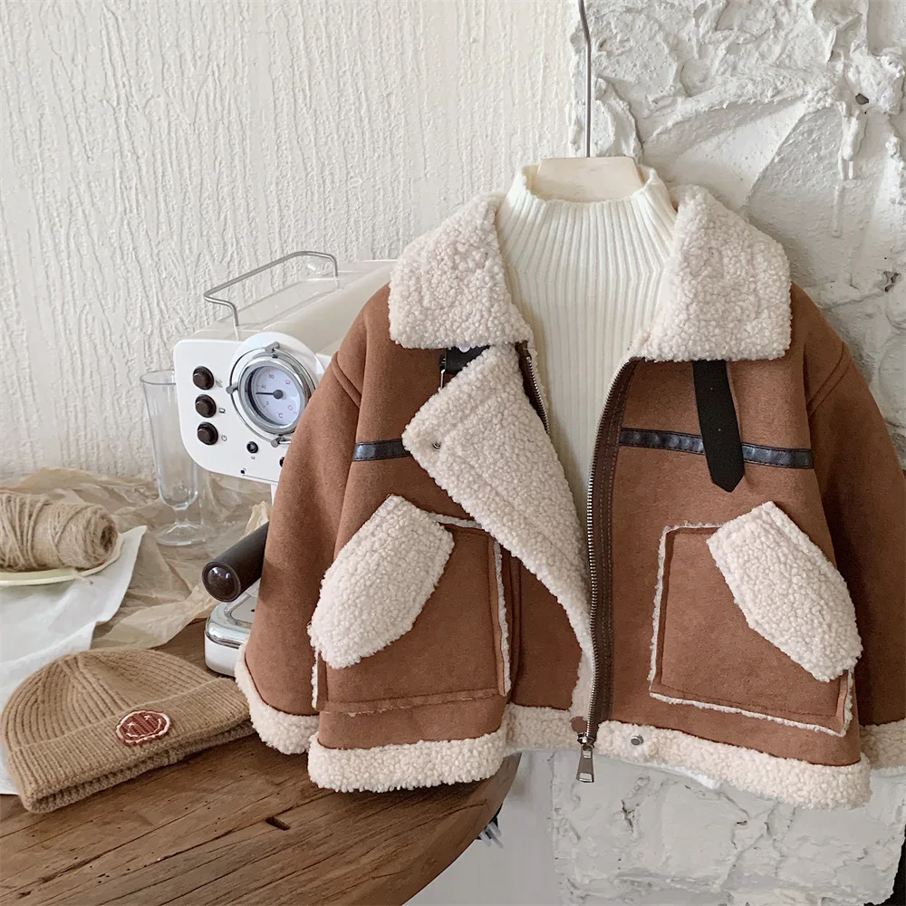 Winter Baby Boys Girls Lapel Warm Fur Coat Korean New Long Sleeve Suede Fabric Children Outerwear Kids Solid Lamb\'s Wool Clothes