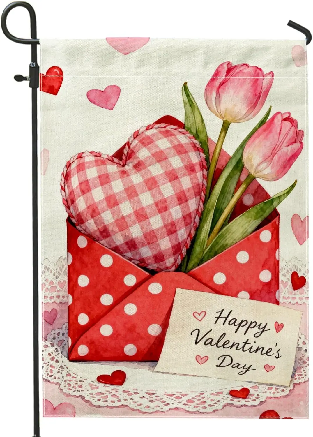 Heart Garden Flag, Romantic Fanciful Tulips Envelope Valentine'S Day Red Burlap Double Sided Yard Decorative Flags for O AAS