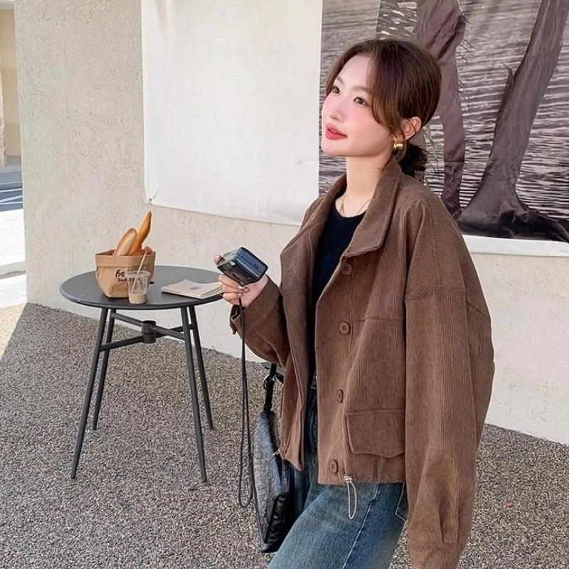 

​Cafe Colored Corduroy Jacket Women's Short Loose Vintage Cargo Design for Spring Autumn Wear​